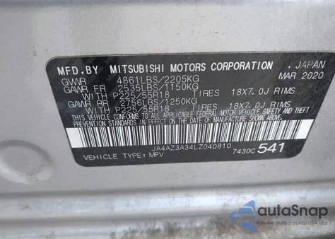 2020 Mitsubishi Outlander Es 2.4 S-Awc/Le 2.4 S-Awc/Se 2.4 S-Awc/Sel 2.4 S-Awc/Sp 2.4 S-Awc from USA, damaged, VIN JA4AZ3A34LZ040810